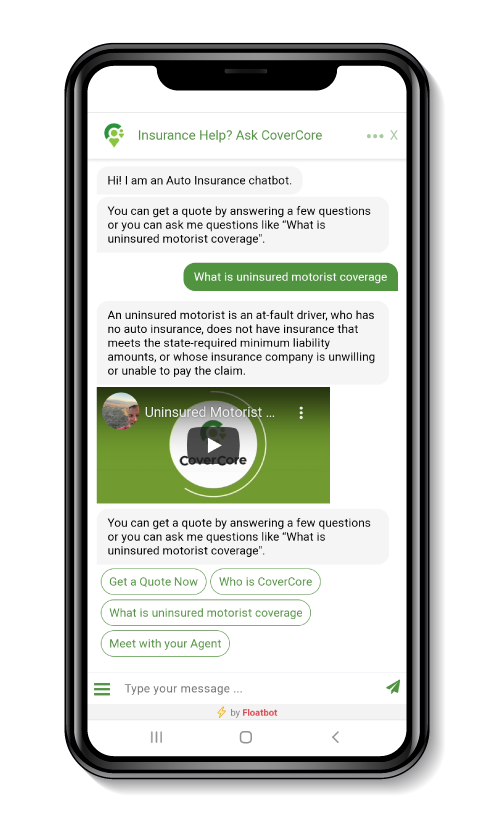 smartphone screen showing the CoverCore ChatBot in use answering auto liability coverage questions