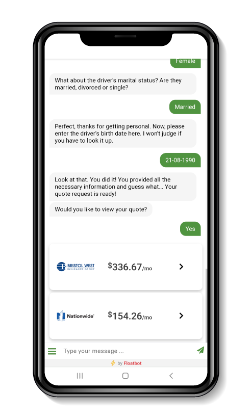 smartphone with comparative auto insurance quotes using the CoverCore ChatBot
